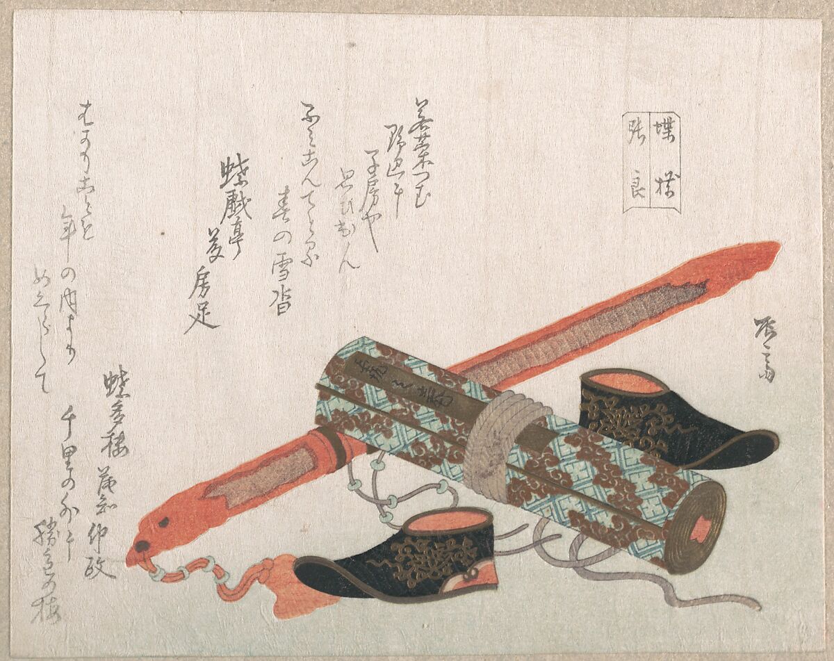 Sword, Shoes and a Scroll, Representing the Chinese Warrior Chōryō, Ryūryūkyo Shinsai (Japanese, active ca. 1799–1823), Part of an album of woodblock prints (surimono); ink and color on paper, Japan 