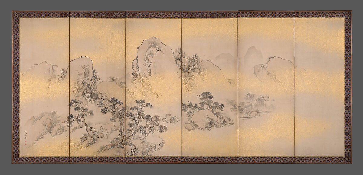 Summer and Autumn Landscapes, Nakabayashi Chikkei (Japanese, 1816–1867), Pair of six-panel folding screens; ink, color, and gold flecks on paper, Japan