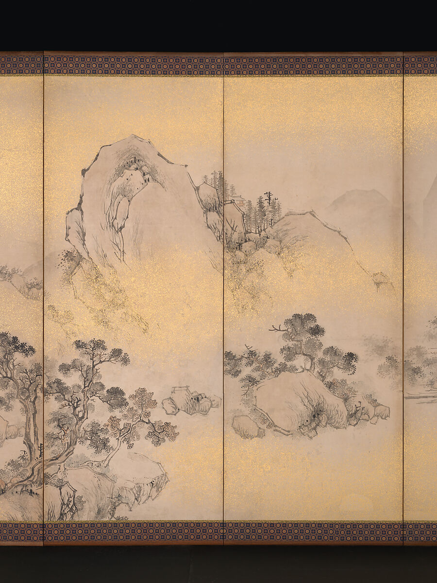 Summer and Autumn Landscapes, Nakabayashi Chikkei (Japanese, 1816–1867), Pair of six-panel folding screens; ink, color, and gold flecks on paper, Japan