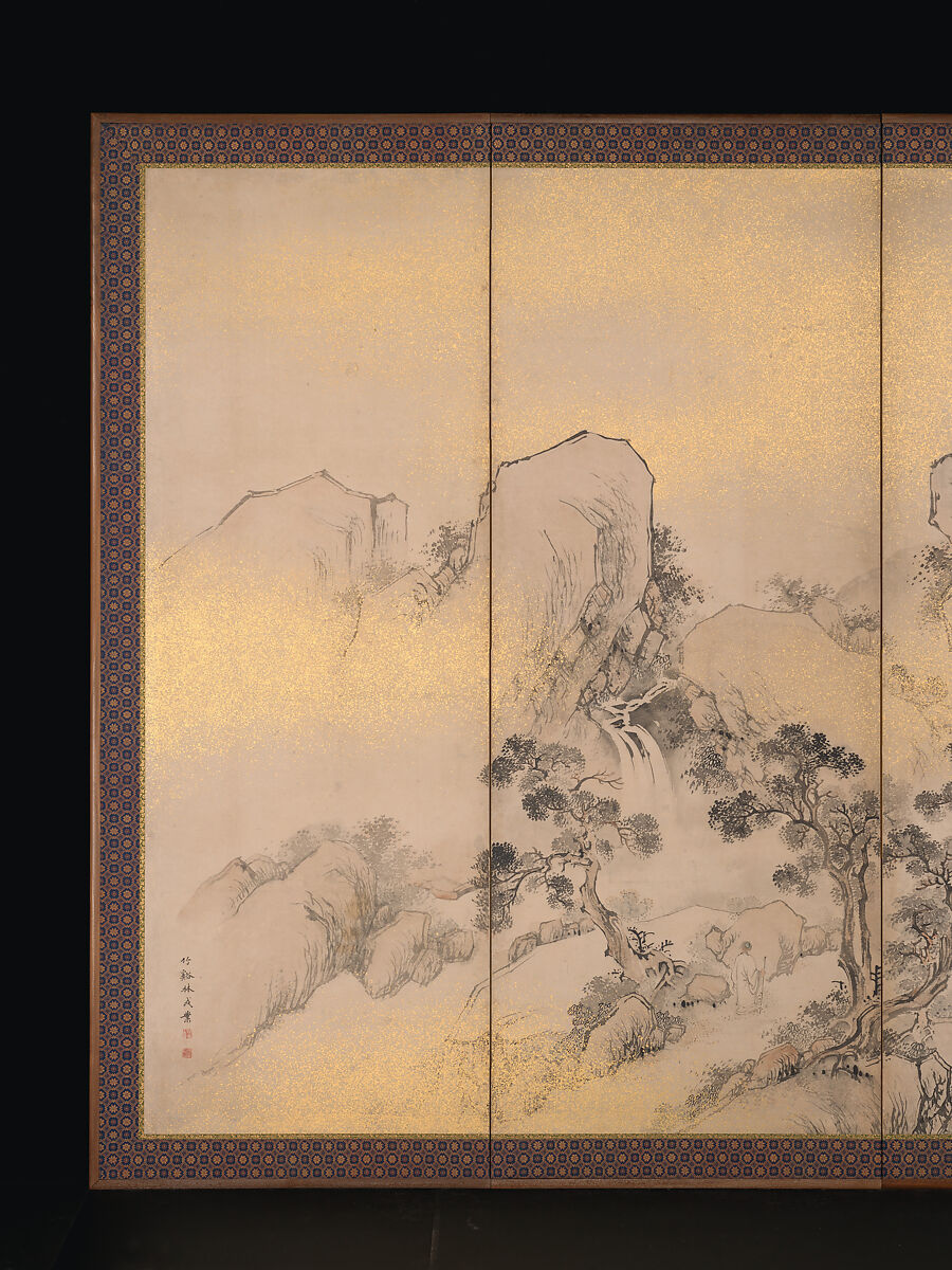 Summer and Autumn Landscapes, Nakabayashi Chikkei (Japanese, 1816–1867), Pair of six-panel folding screens; ink, color, and gold flecks on paper, Japan