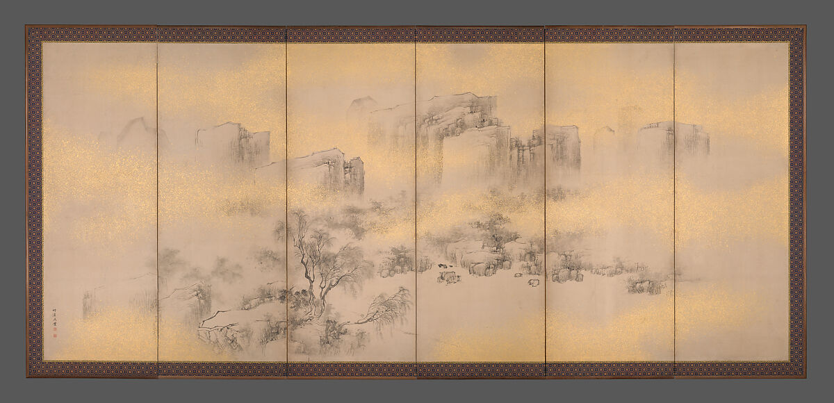 Summer and Autumn Landscapes, Nakabayashi Chikkei (Japanese, 1816–1867), Pair of six-panel folding screens; ink, color, and gold flecks on paper, Japan 