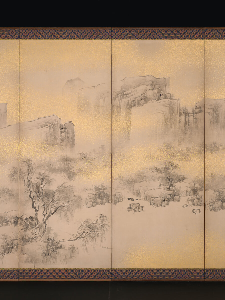 Summer and Autumn Landscapes, Nakabayashi Chikkei (Japanese, 1816–1867), Pair of six-panel folding screens; ink, color, and gold flecks on paper, Japan
