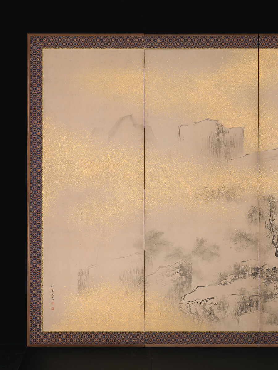 Summer and Autumn Landscapes, Nakabayashi Chikkei (Japanese, 1816–1867), Pair of six-panel folding screens; ink, color, and gold flecks on paper, Japan