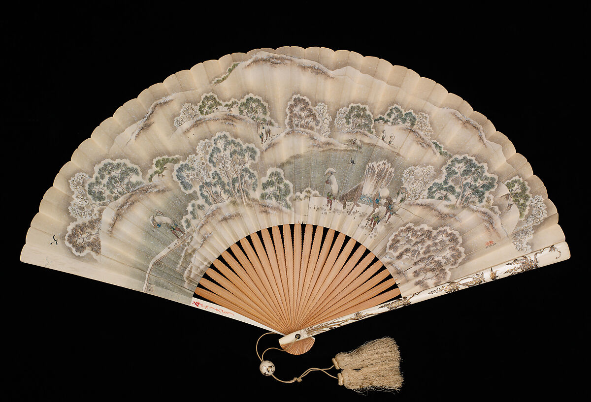 Winter Farming Scene; (verso) Autumn Farming Scene, Katsushika Isai (Japanese, 1821–1880), Folding fan; ink and color on paper, with mounting in ivory, Japan