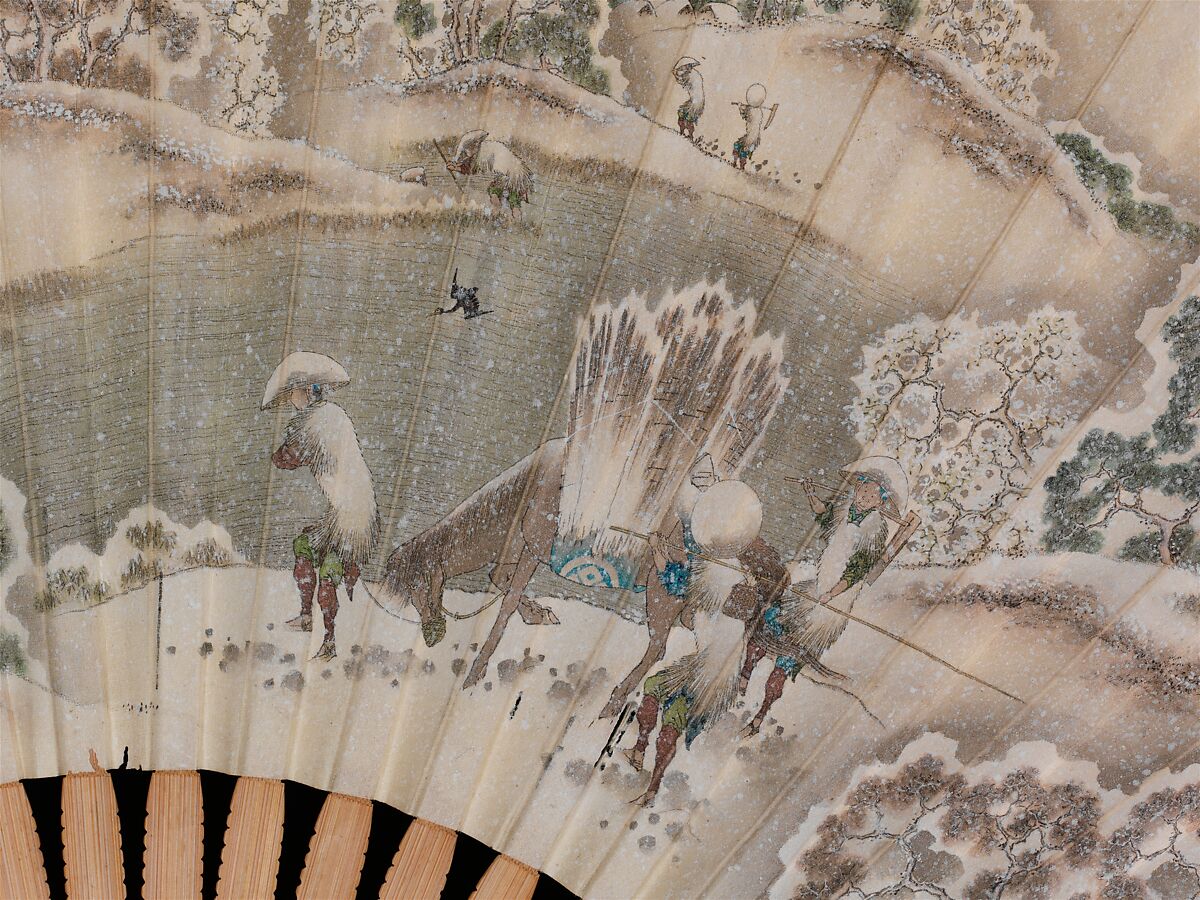 Winter Farming Scene; (verso) Autumn Farming Scene, Katsushika Isai (Japanese, 1821–1880), Folding fan; ink and color on paper, with mounting in ivory, Japan