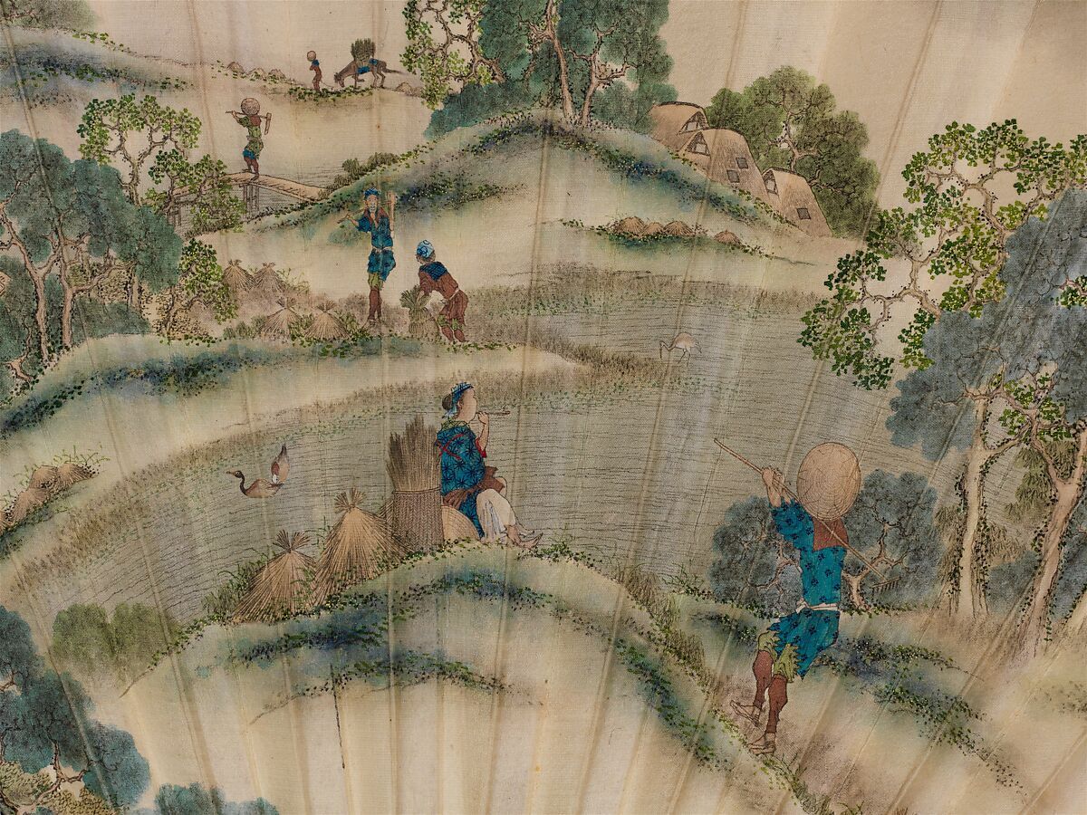 Winter Farming Scene; (verso) Autumn Farming Scene, Katsushika Isai (Japanese, 1821–1880), Folding fan; ink and color on paper, with mounting in ivory, Japan