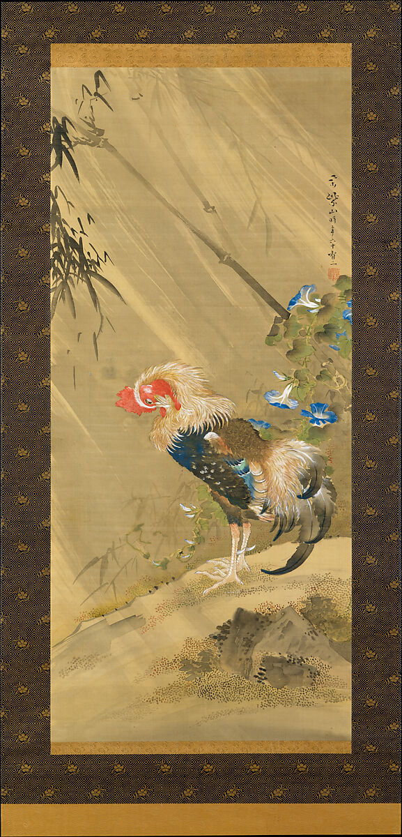 Rooster in a Storm, Sō Shizan (Japanese, 1733–1805), Hanging scroll; ink, color, and gold on silk, Japan 