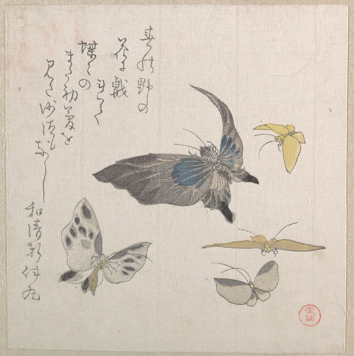 Butterflies, Kubo Shunman (Japanese, 1757–1820) (?), Part of an album of woodblock prints (surimono); ink and color on paper, Japan 