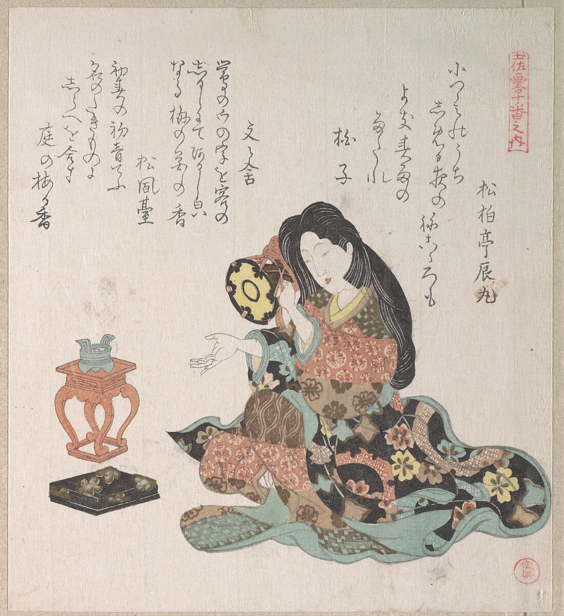 Lady Beating a Hand-Drum (Tzusumi) By the Side of The Incense Burner, Kubo Shunman (Japanese, 1757–1820), Part of an album of woodblock prints (surimono); ink and color on paper, Japan 
