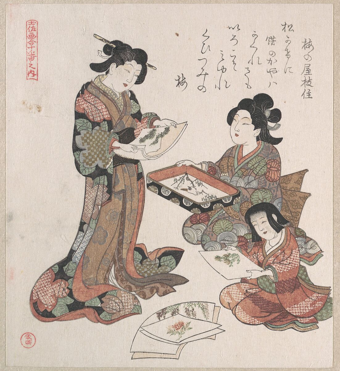 Two Women and a Girl Looking at Paintings, Kubo Shunman (Japanese, 1757–1820) (?), Part of an album of woodblock prints (surimono); ink and color on paper, Japan 
