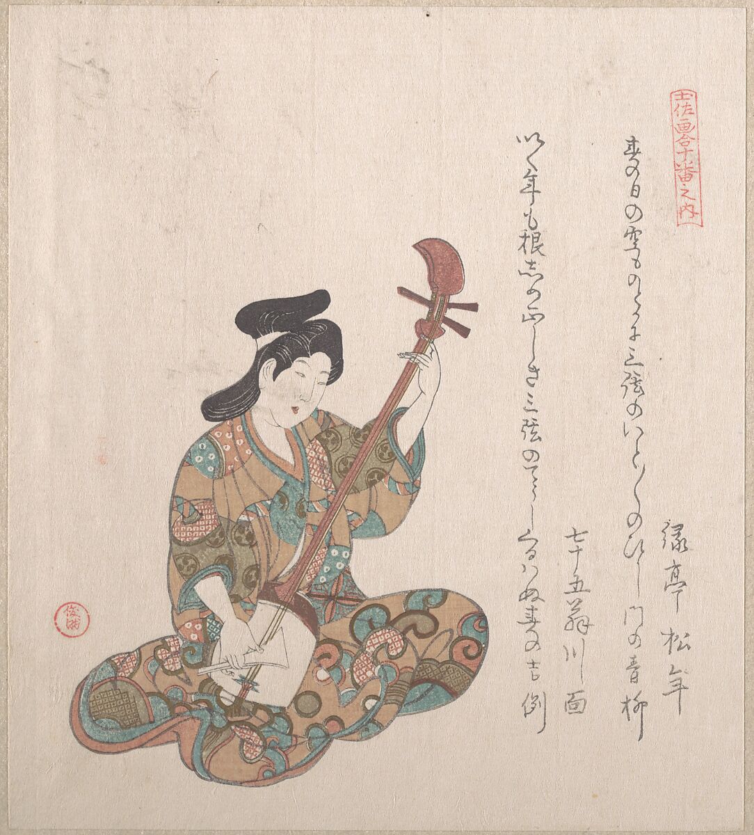 Woman Playing on the Shamisen, Kubo Shunman (Japanese, 1757–1820) (?), Part of an album of woodblock prints (surimono); ink and color on paper, Japan 