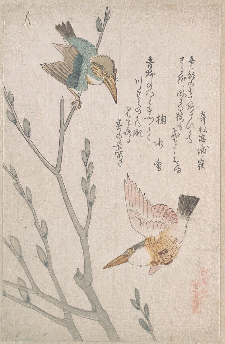 Kingfishers and Pussy-willow, Kubo Shunman (Japanese, 1757–1820), Part of an album of woodblock prints (surimono); ink and color on paper, Japan 
