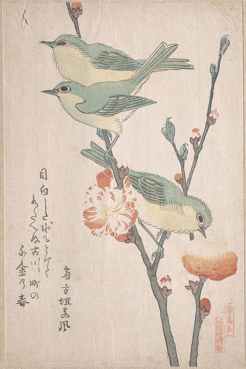Japanese White-eyes on a Branch of Peach Tree,” from the Series An Array of Birds (Tori awase), from Spring Rain Surimono Album (Harusame surimono-jō, vol. 3), Kubo Shunman (Japanese, 1757–1820), Privately published woodblock prints (surimono) mounted in an album; ink and color on paper, Japan 