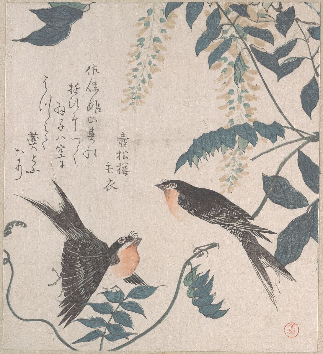 Swallows and Wisteria, Kubo Shunman (Japanese, 1757–1820) (?), Part of an album of woodblock prints (surimono); ink and color on paper, Japan 