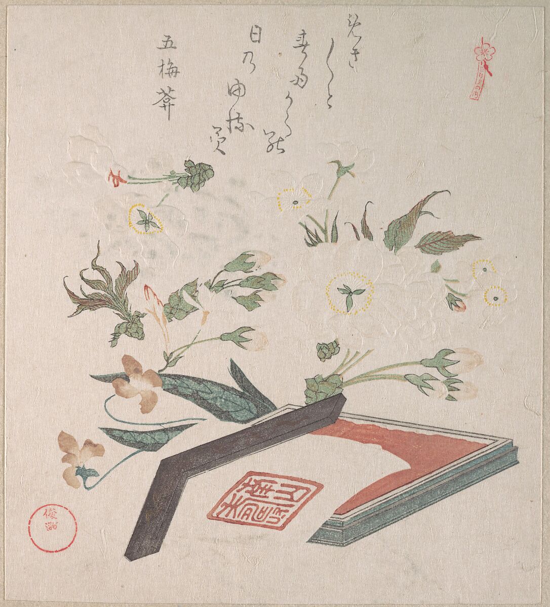 Cherry Blossoms and Seal-box with Ink and Ruler, Kubo Shunman (Japanese, 1757–1820), Part of an album of woodblock prints (surimono); ink and color on paper, Japan 