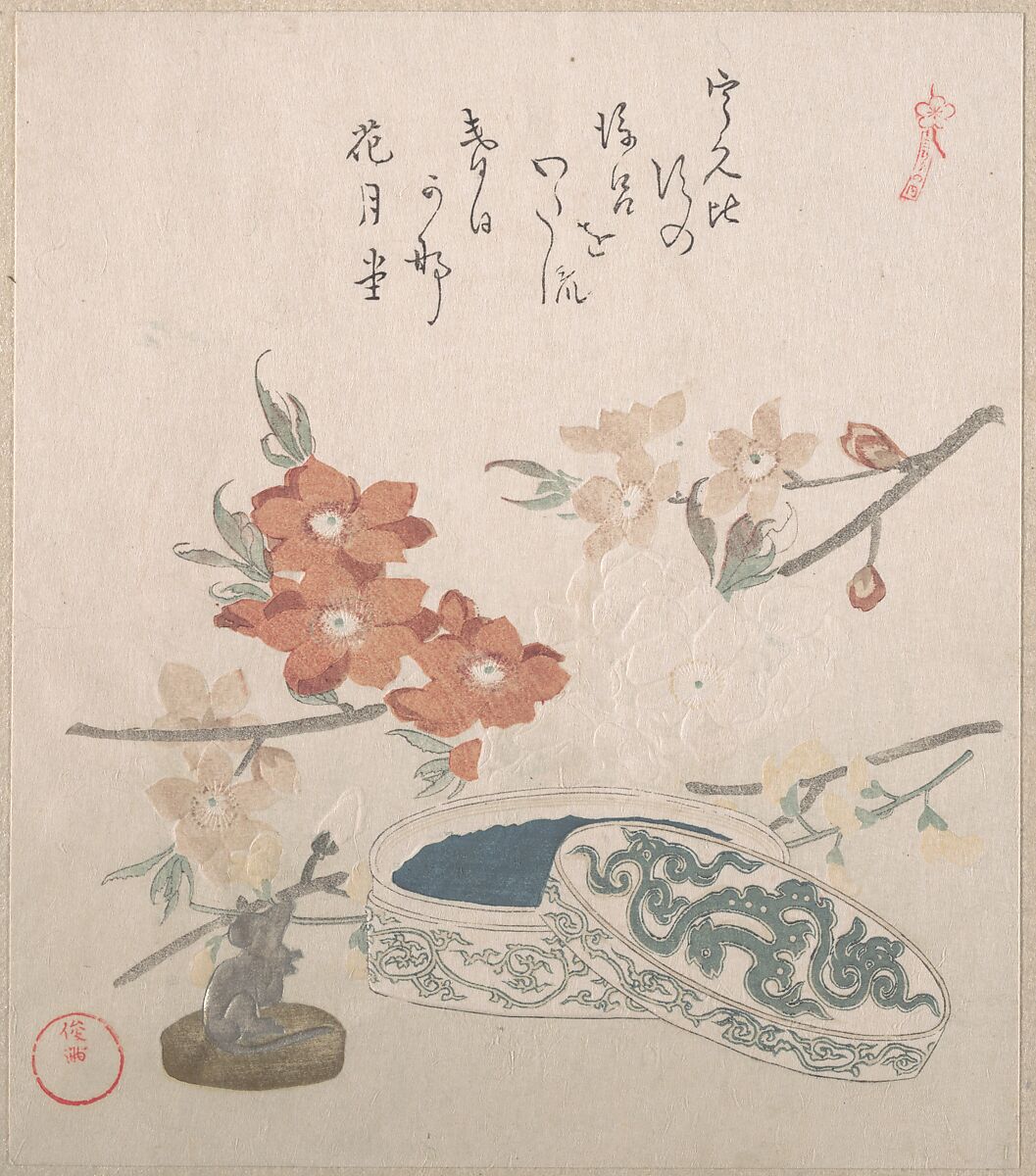 Peach Blossoms, a Seal and a Seal-box, Kubo Shunman (Japanese, 1757–1820), Part of an album of woodblock prints (surimono); ink and color on paper, Japan 