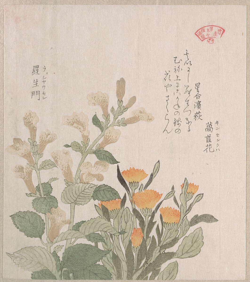 The Common Marigold and The Rajoman Flowers, Kubo Shunman (Japanese, 1757–1820), Part of an album of woodblock prints (surimono); ink and color on paper, Japan 