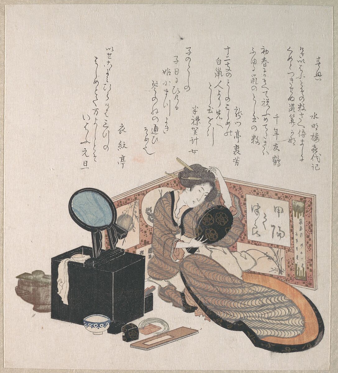 Woman Arranging Her Hair, Unidentified artist Japanese, 19th century, Part of an album of woodblock prints (surimono); ink and color on paper, Japan 