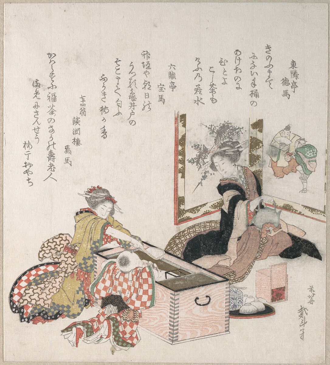 Women Preparing Tea Around the Fire-Holder, Katsushika Hokusai (Japanese, Tokyo (Edo) 1760–1849 Tokyo (Edo)), Part of an album of woodblock prints (surimono); ink and color on paper, Japan 