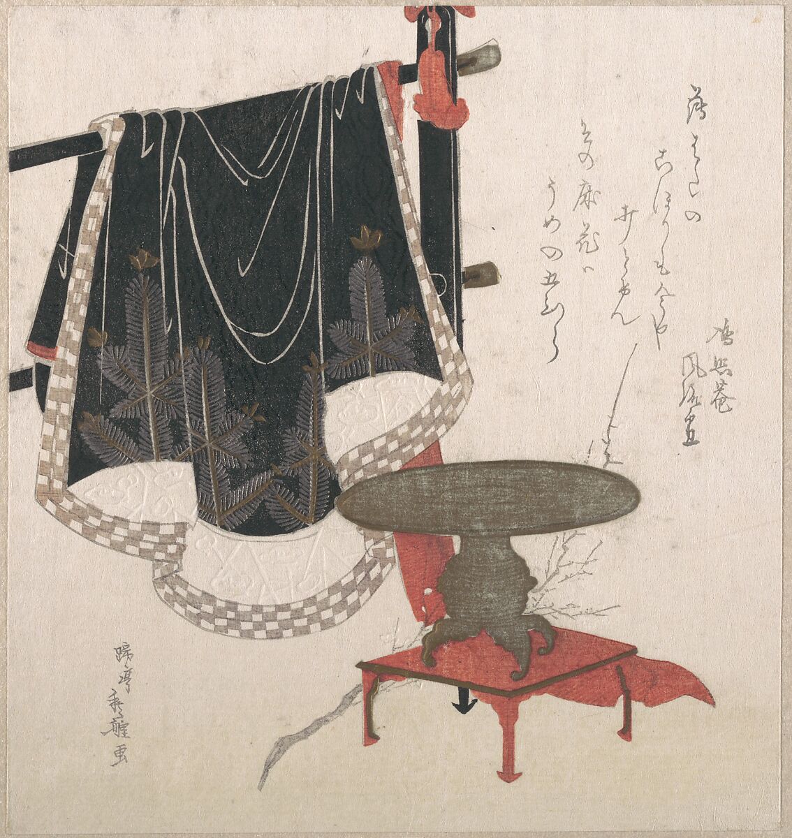 Flower Vase with Stand; Dress Hanging on a Clothesrack, Hachifusa Shūri (Japanese, 18th–19th century), Part of an album of woodblock prints (surimono); ink and color on paper, Japan 