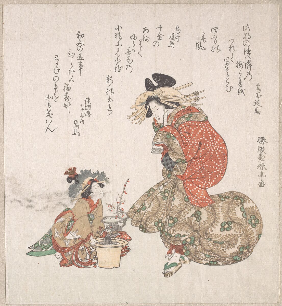 Courtesan and her Child Attendant with a Potted Plum Tree, Katsukawa Shuntei (Japanese, 1770–1820), Part of an album of woodblock prints (surimono); ink and color on paper, Japan 