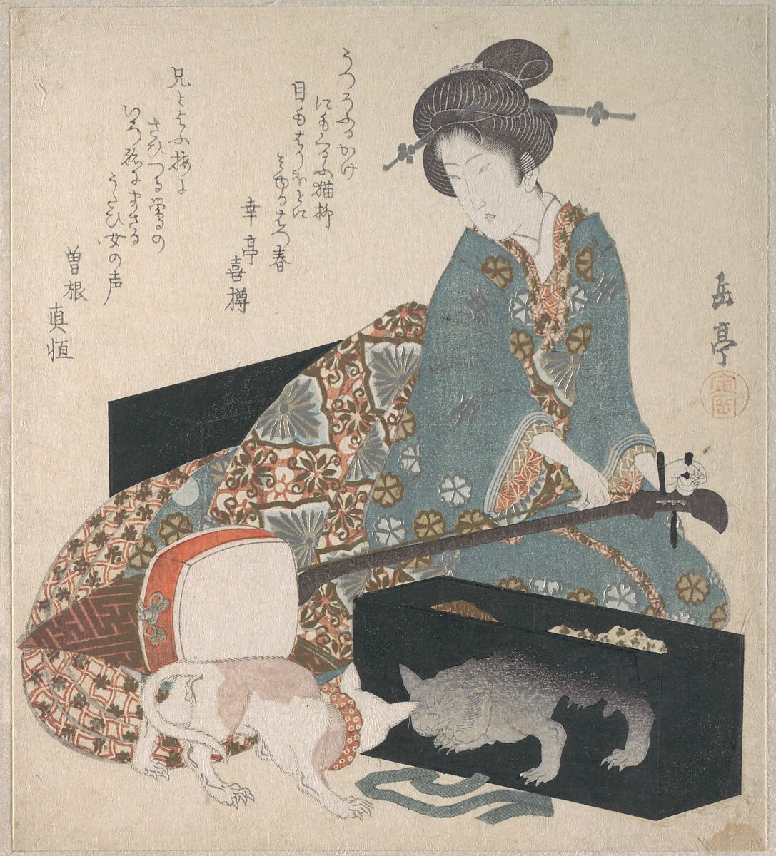 Woman Tuning a Shamisen and a Cat Looking at its Own Reflection, Yashima Gakutei (Japanese, 1786?–1868), Part of an album of woodblock prints (surimono); ink and color on paper, Japan 