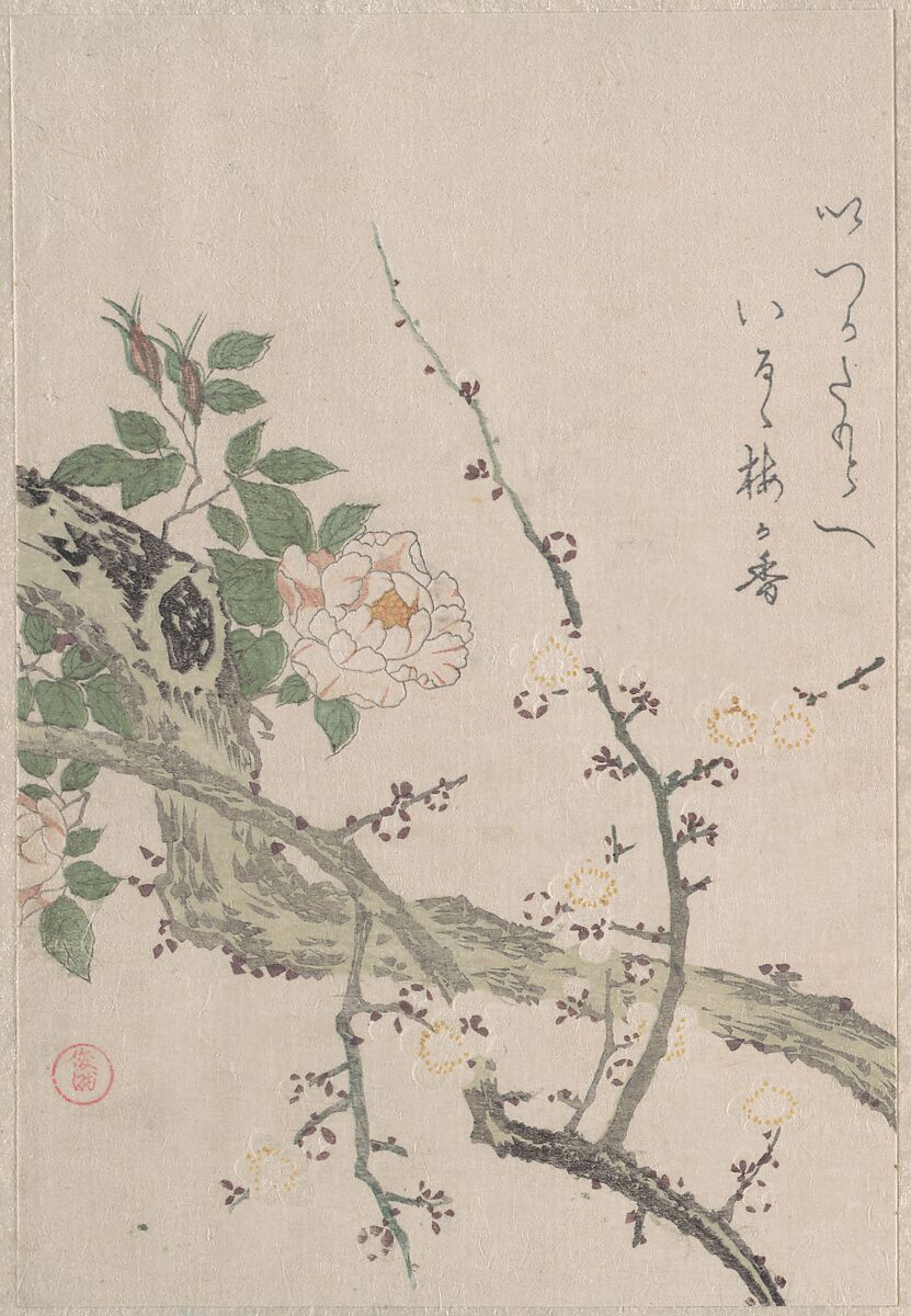 Roses and Plum Blossoms, Kubo Shunman (Japanese, 1757–1820), Part of an album of woodblock prints (surimono); ink and color on paper, Japan 