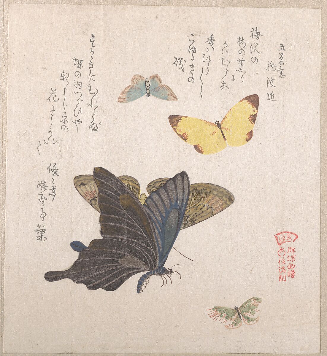 Various Moths and Butterflies, Kubo Shunman (Japanese, 1757–1820), Part of an album of woodblock prints (surimono); ink and color on paper, Japan 