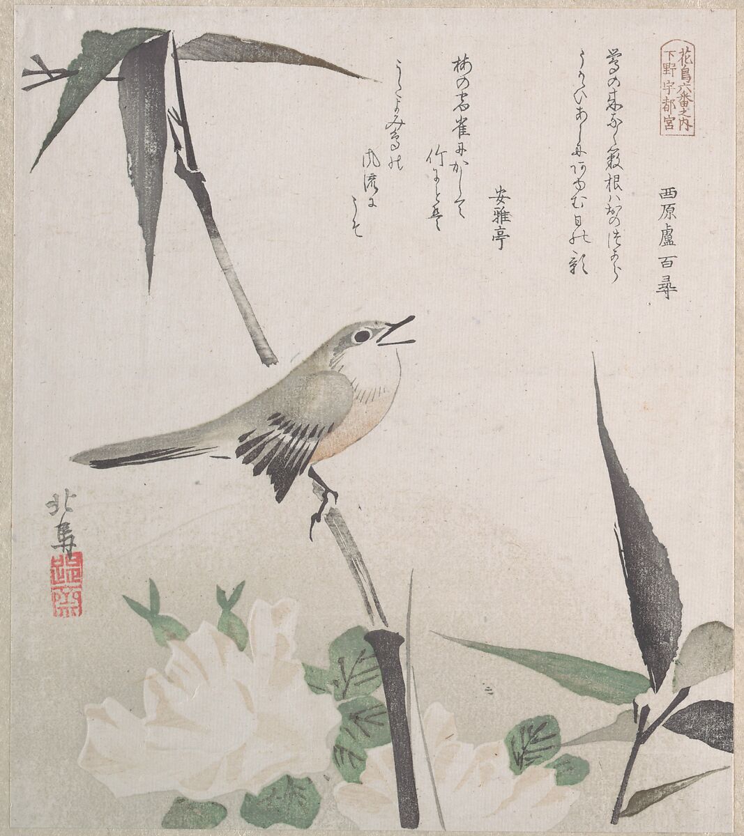 Roses and Bamboo with Nightingale, Teisai Hokuba (Japanese, 1771–1844), Part of an album of woodblock prints (surimono); ink and color on paper, Japan 