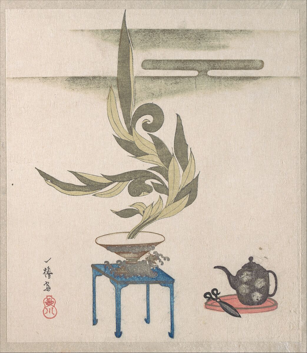 Flower Arrangement, Utagawa Itchinsai (Japanese, 18th–19th century), Part of an album of woodblock prints (surimono); ink and color on paper, Japan 