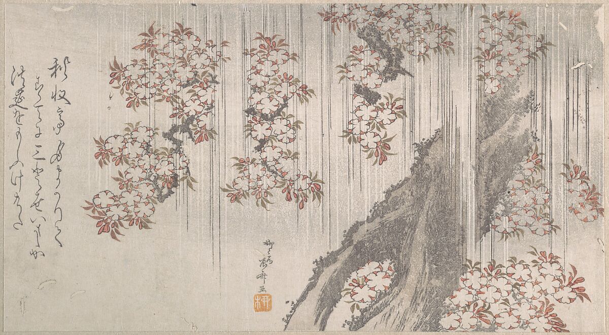 Cherry Blossoms in the Rain, Ryūryūkyo Shinsai (Japanese, active ca. 1799–1823), Part of an album of woodblock prints (surimono); ink and color on paper, Japan 
