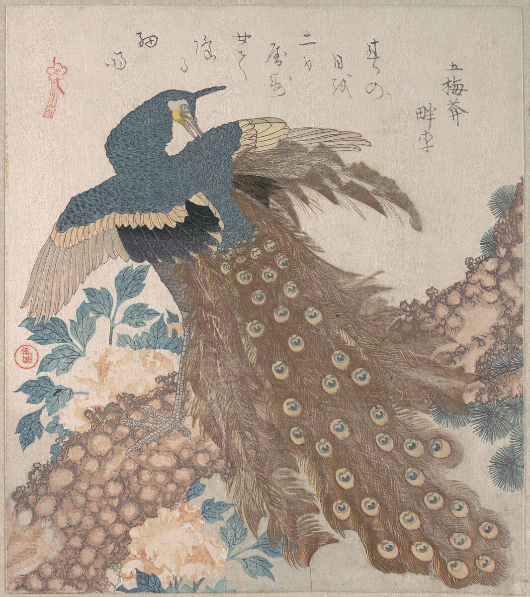 Peacock on Pine Tree and Peonies, from the series Three Sheets (Mihira no uchi), Totoya Hokkei (Japanese, 1780–1850), Part of an album of woodblock prints (surimono); ink and color on paper, Japan 