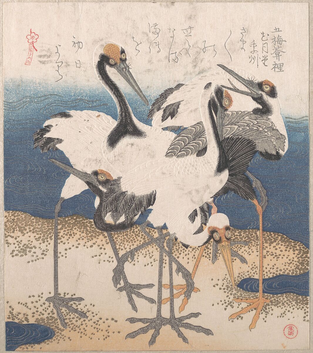 Five Cranes by the Water’s Edge, from the series Three Sheets (Mihira no uchi), Totoya Hokkei (Japanese, 1780–1850), Part of an album of woodblock prints (surimono); ink and color on paper, Japan 