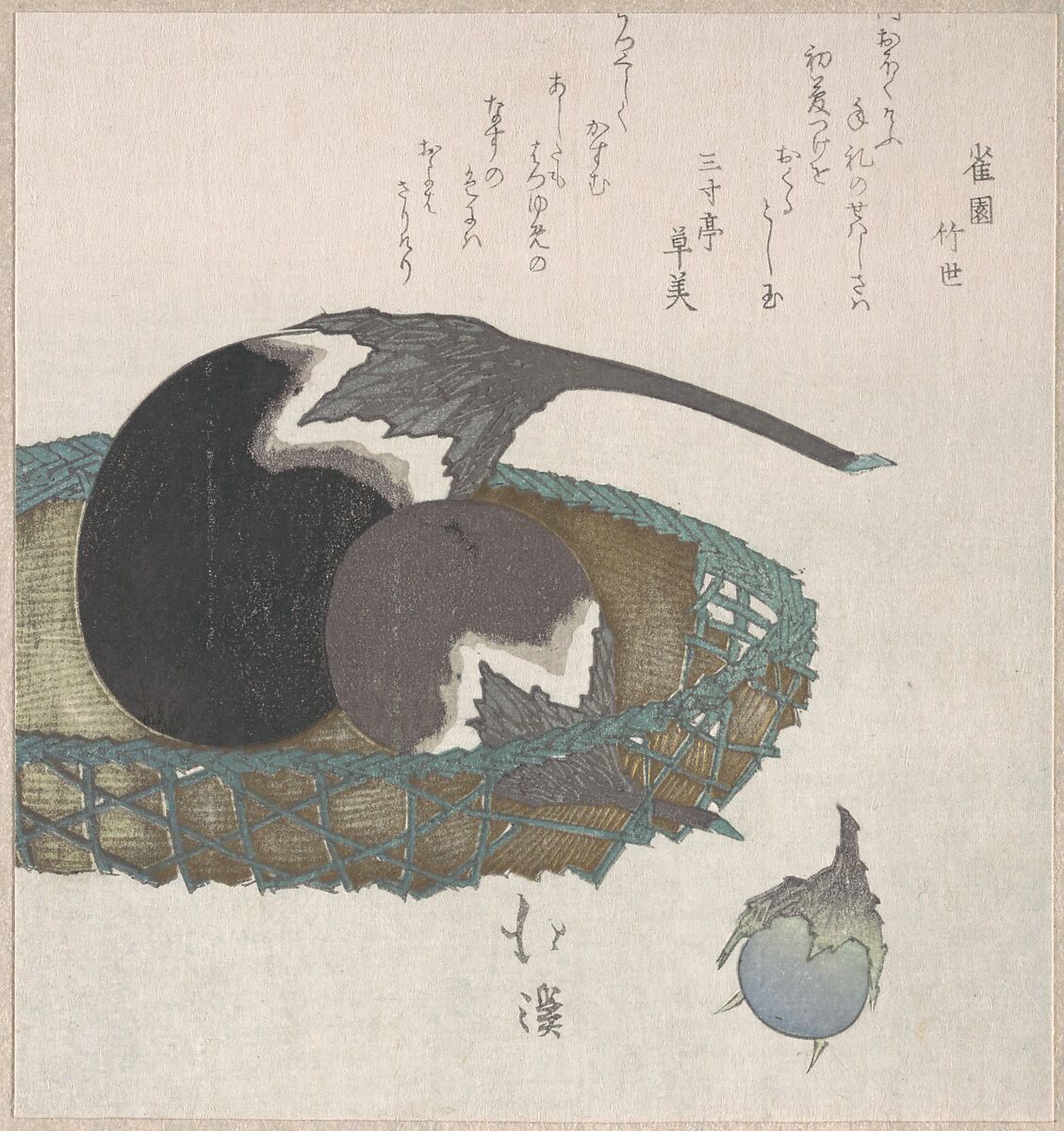 Eggplants in a Basket, Totoya Hokkei (Japanese, 1780–1850), Part of an album of woodblock prints (surimono); ink and color on paper, Japan 