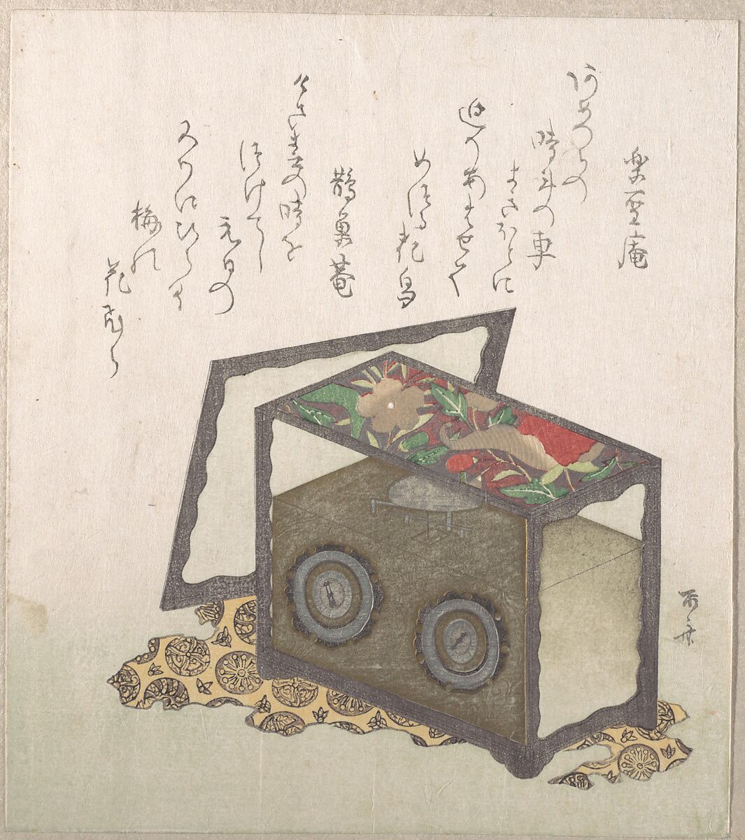 Clock, Ryūryūkyo Shinsai (Japanese, active ca. 1799–1823), Part of an album of woodblock prints (surimono); ink and color on paper, Japan 