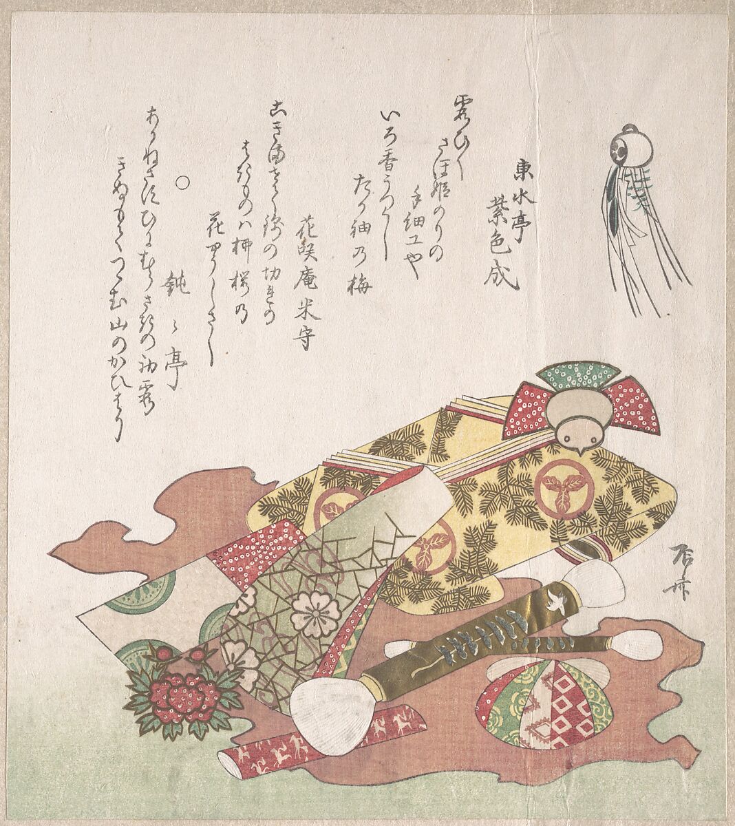 Brushes and Paper Ornaments, Ryūryūkyo Shinsai (Japanese, active ca. 1799–1823), Part of an album of woodblock prints (surimono); ink and color on paper, Japan 