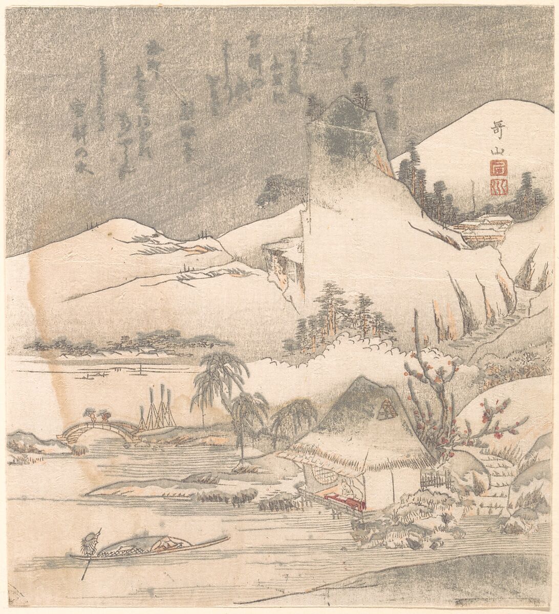 Snowy Landscape, Ishikawa Kazan (Japanese, active 1810–1823), Woodblock print (surimono); ink and color on paper, Japan 