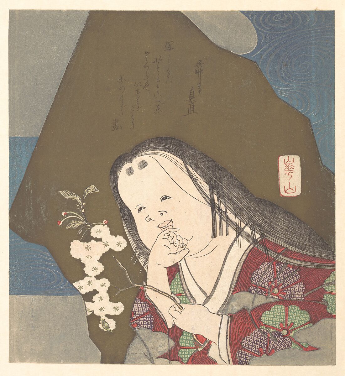 Otafuku Holding a Branch of Double White Cherry Blossoms, Watanabe Kazan (Japanese, died 1841), Woodblock print (surimono); ink and color on paper, Japan 