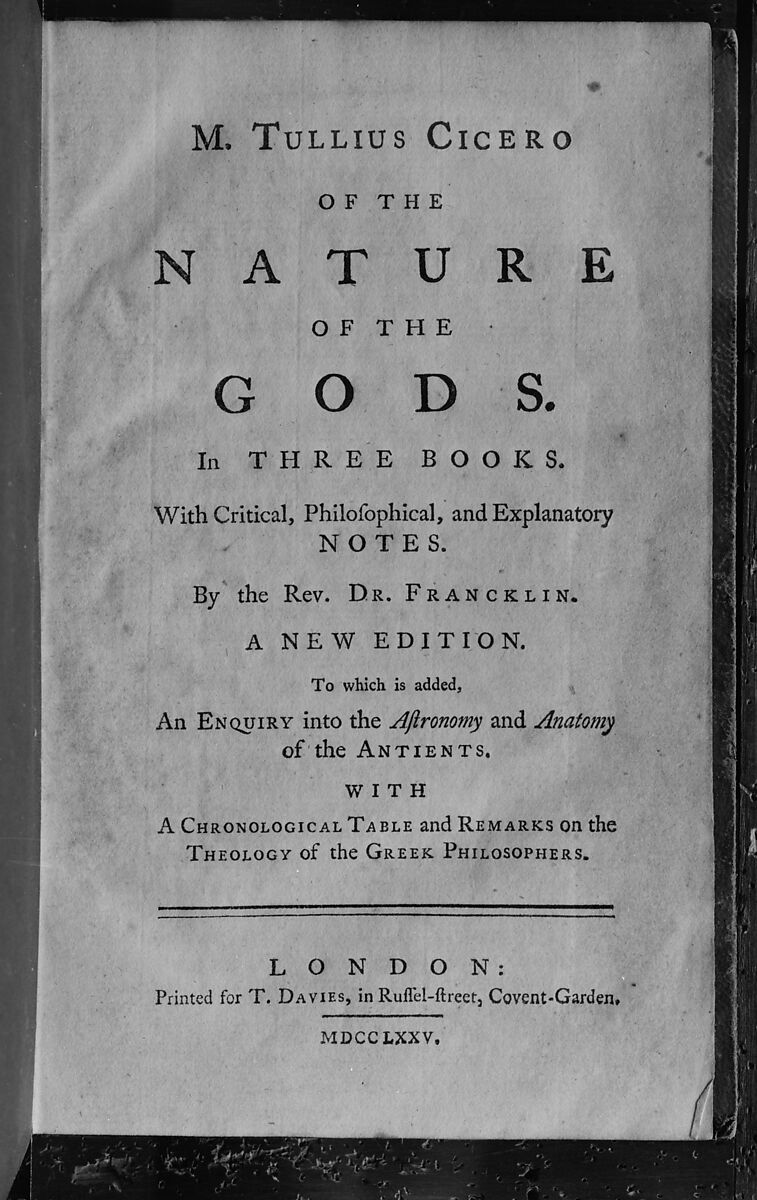 Book: Of the Nature of the Gods, Authored by Marcus Tullius Cicero (Roman, 106 BCE–40 BCE), Paper, British 