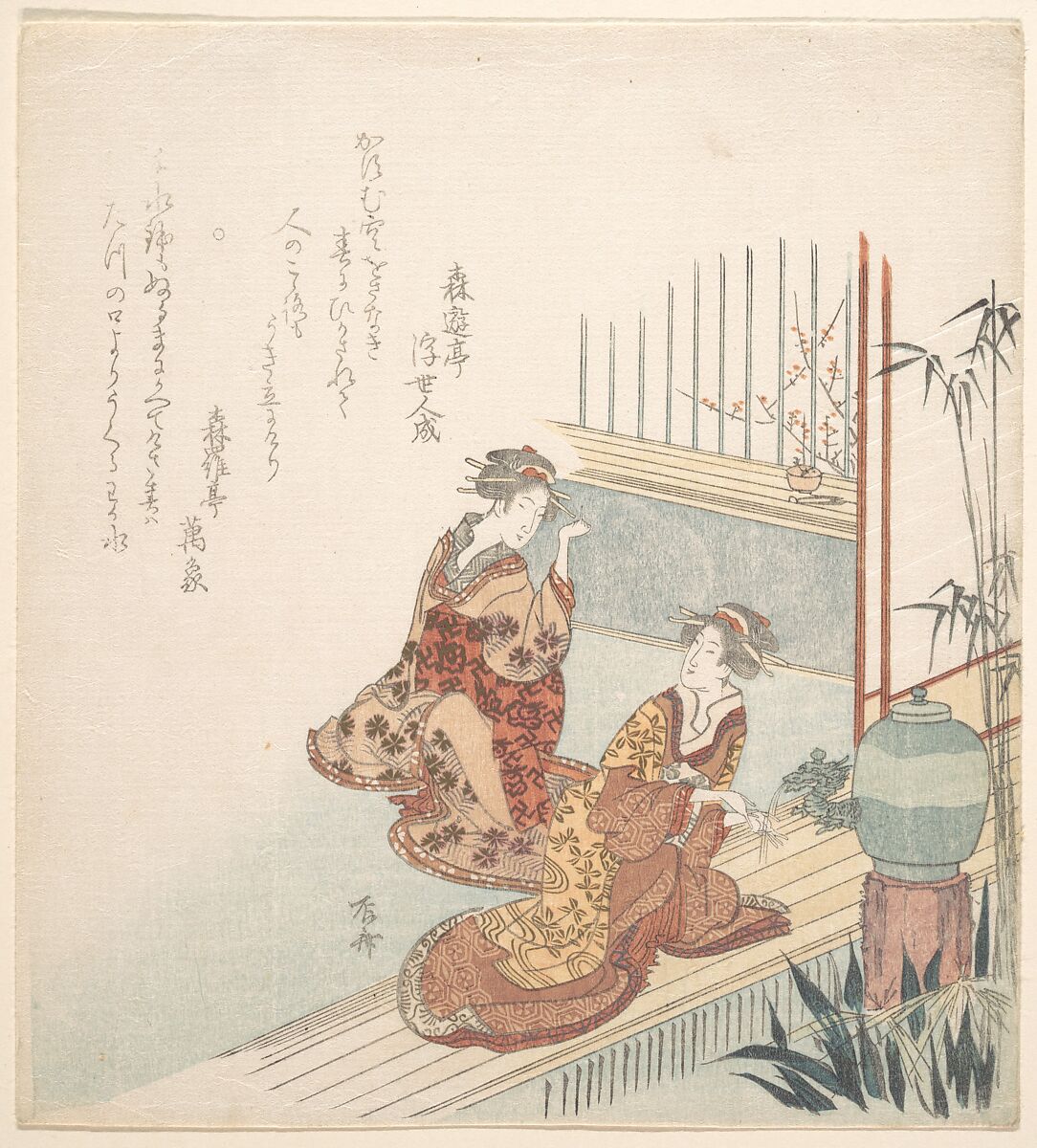 Early Spring, Ryūryūkyo Shinsai (Japanese, active ca. 1799–1823), Woodblock print (surimono); ink and color on paper, Japan 