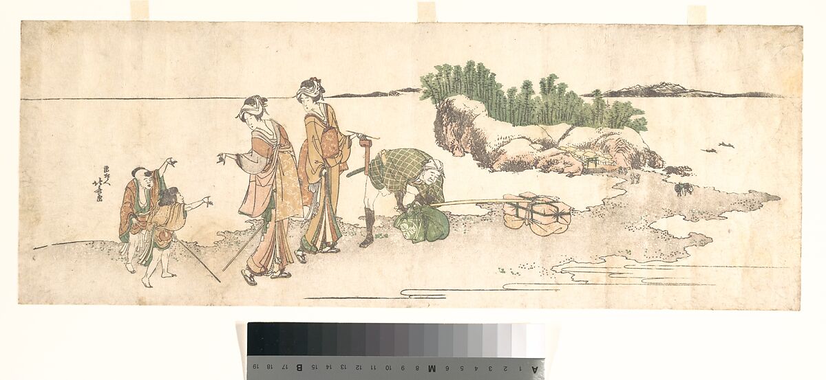 Women in a Landscape, Katsushika Hokusai (Japanese, Tokyo (Edo) 1760–1849 Tokyo (Edo)), Woodblock print (surimono); ink and color on paper, Japan 