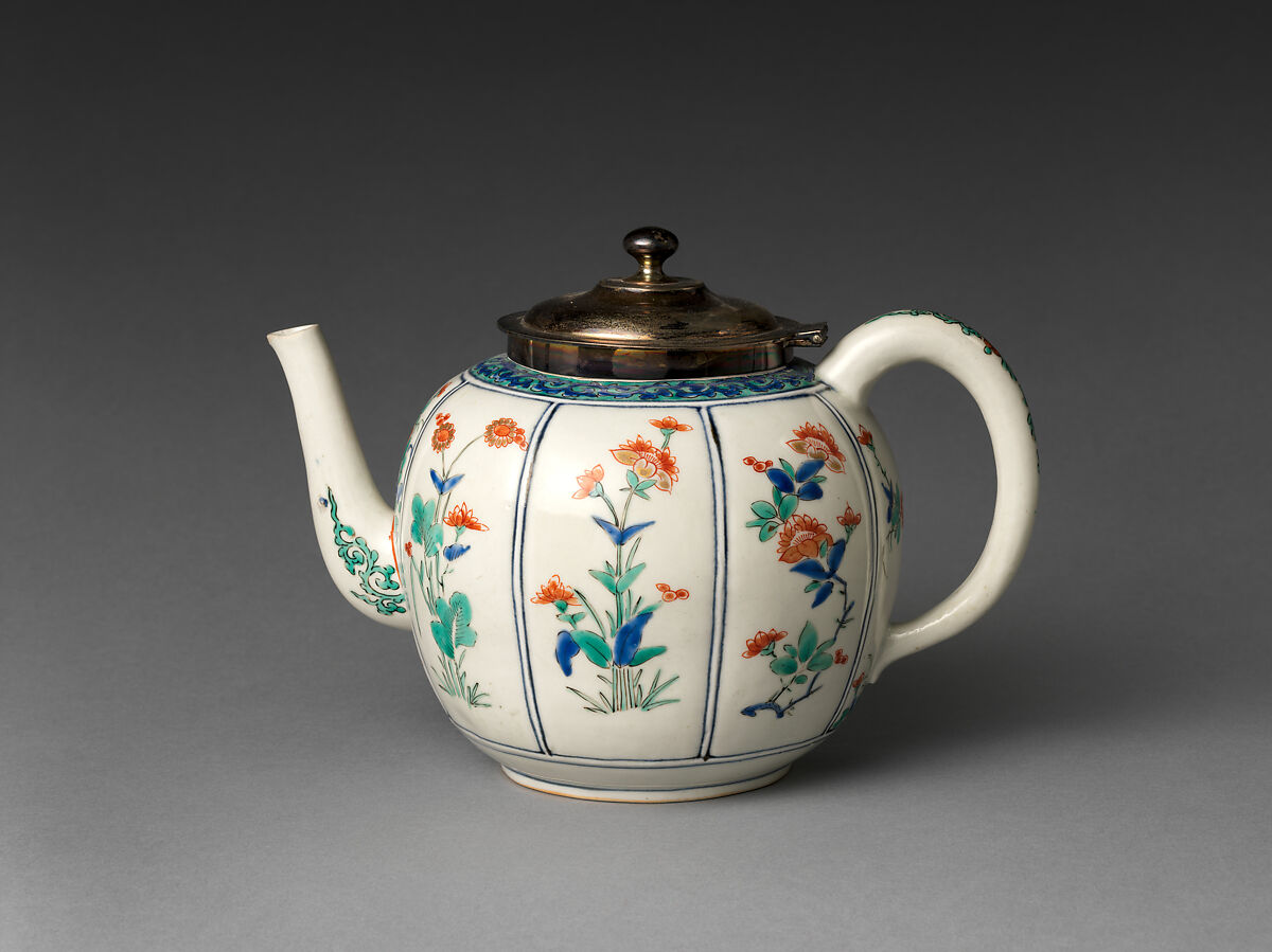 Teapot in Melon Shape, Rim and hinge made by Thome  , New York, Porcelain painted with cobalt blue under and colored enamels over transparent glaze (Hizen ware; Kakiemon type); American mount , Japan 