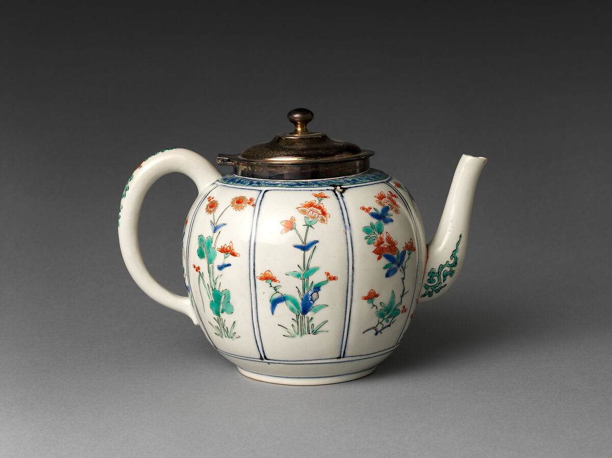 Teapot in Melon Shape, Rim and hinge made by Thome  , New York, Porcelain painted with cobalt blue under and colored enamels over transparent glaze (Hizen ware; Kakiemon type); American mount , Japan