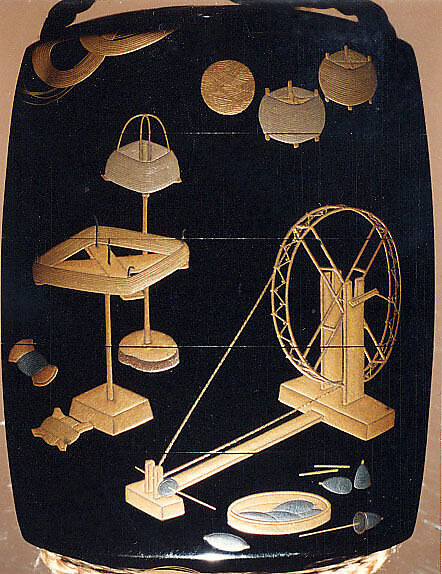 Case (Inrō) with Design of Weaving Implements, Hiramaki-e on ro-iro black lacquer, Japan