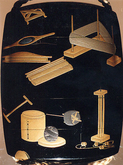 Case (Inrō) with Design of Weaving Implements, Hiramaki-e on ro-iro black lacquer, Japan