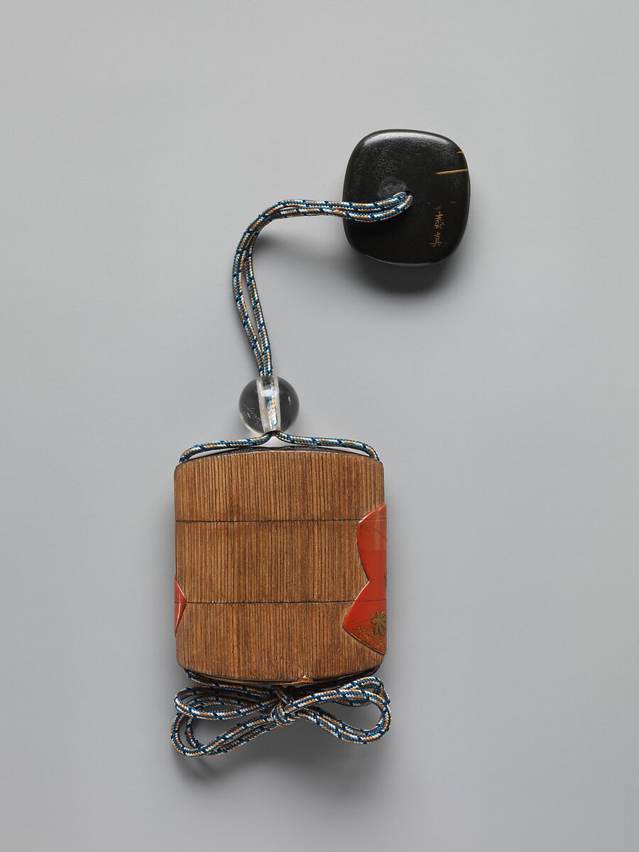 Case (Inrō) with Design of Lute and Maple Leaves, Case: powdered gold (maki-e), colored and black lacquer, and gold leaf on lightly grooved wood; Fastener (ojime): glass; Toggle (netsuke): gold and colored lacquer on black lacquer with design of tobacco leaves in mother-of-pearl inlay , Japan