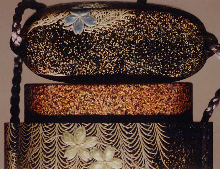 Case (Inrō) with Design of Weeping Willow and Cherry Blossoms, Nakayama Komin (Japanese, 1808–1870), Hiramaki-e with nashiji on black lacquer, roiro, nashiji, gold and silver hiramakie, gold and silver foil; Interior: nashiji and fundame; Ojime: ivory bead with vines and grasses in gold lacquer; Netsuke: woven basket with shell and gold lacquer), Japan