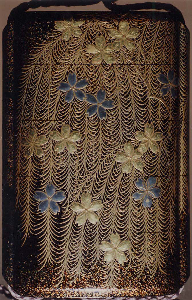 Case (Inrō) with Design of Weeping Willow and Cherry Blossoms, Nakayama Komin (Japanese, 1808–1870), Hiramaki-e with nashiji on black lacquer, roiro, nashiji, gold and silver hiramakie, gold and silver foil; Interior: nashiji and fundame; Ojime: ivory bead with vines and grasses in gold lacquer; Netsuke: woven basket with shell and gold lacquer), Japan