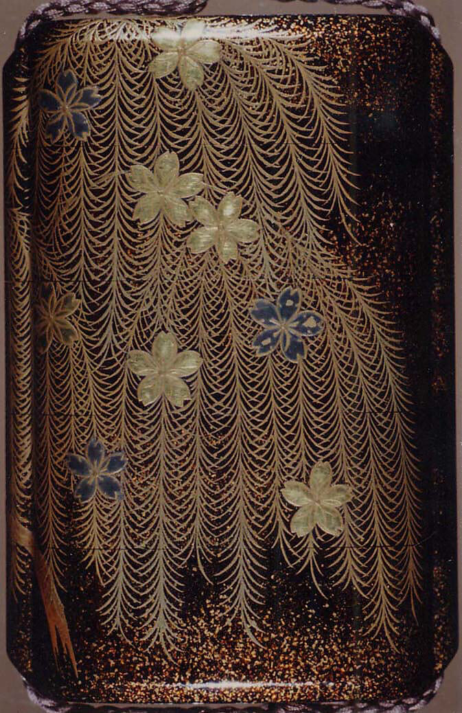 Case (Inrō) with Design of Weeping Willow and Cherry Blossoms, Nakayama Komin (Japanese, 1808–1870), Hiramaki-e with nashiji on black lacquer, roiro, nashiji, gold and silver hiramakie, gold and silver foil; Interior: nashiji and fundame; Ojime: ivory bead with vines and grasses in gold lacquer; Netsuke: woven basket with shell and gold lacquer), Japan