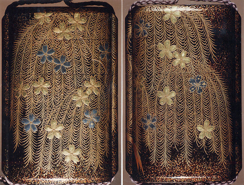 Case (Inrō) with Design of Weeping Willow and Cherry Blossoms, Nakayama Komin (Japanese, 1808–1870), Hiramaki-e with nashiji on black lacquer, roiro, nashiji, gold and silver hiramakie, gold and silver foil; Interior: nashiji and fundame; Ojime: ivory bead with vines and grasses in gold lacquer; Netsuke: woven basket with shell and gold lacquer), Japan 